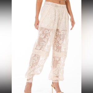 Sheer Floral Lace Jogger Pants in Ivory